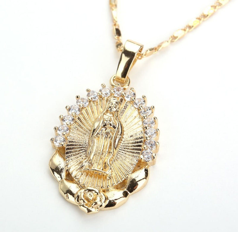 Colar Virgem Maria, Banhado a Ouro, com zirconia